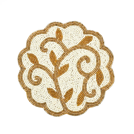 Leaf Beaded Polyester Trivet- Gold and Off-white