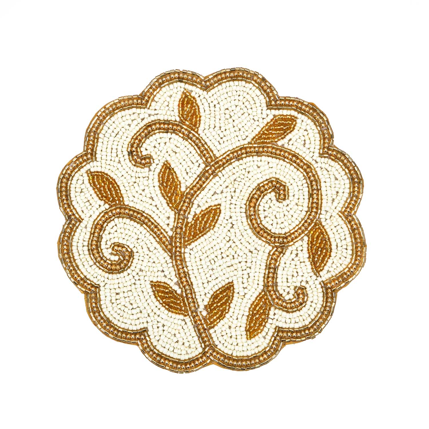 Leaf Beaded Polyester Trivet- Gold and Off-white