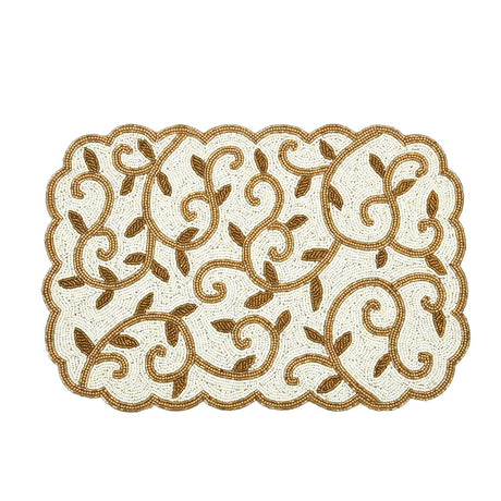 Leaf Beaded Polyester Table Placemat- Gold and Off-white