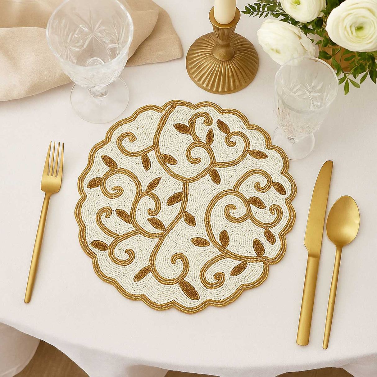 Leaf Beaded Round Polyester Table Placemat- Gold and Off-white