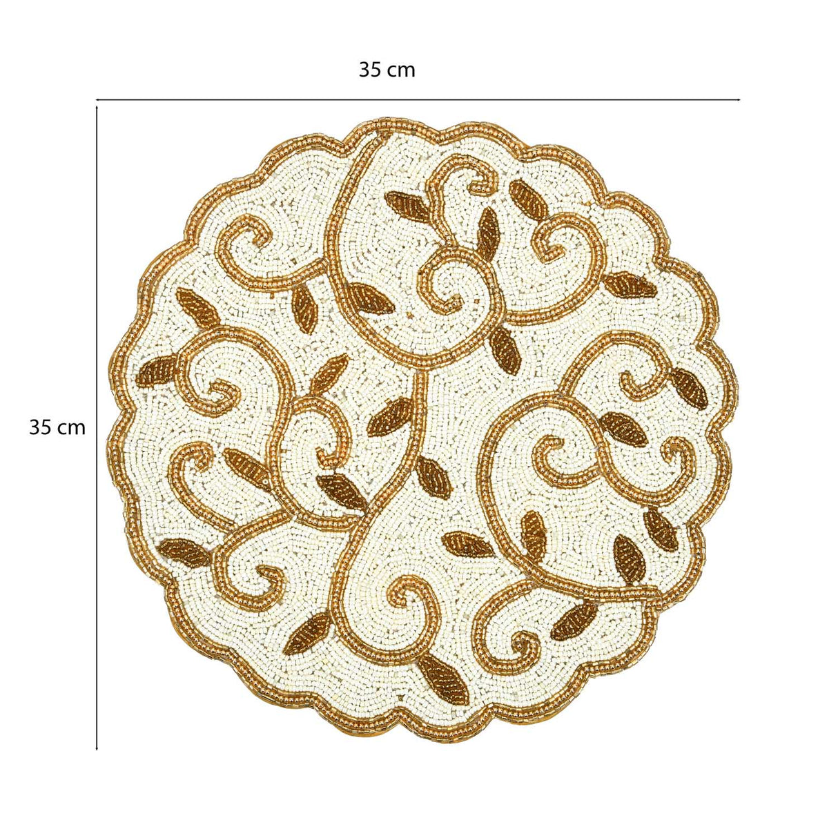 Leaf Beaded Round Polyester Table Placemat- Gold and Off-white