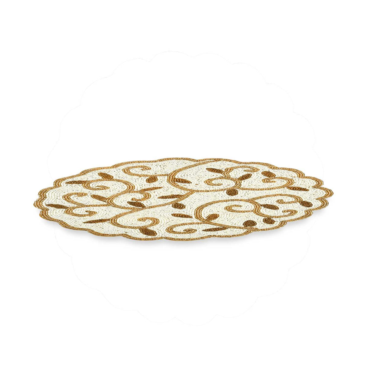 Leaf Beaded Round Polyester Table Placemat- Gold and Off-white