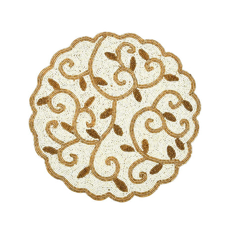 Leaf Beaded Round Polyester Table Placemat- Gold and Off-white