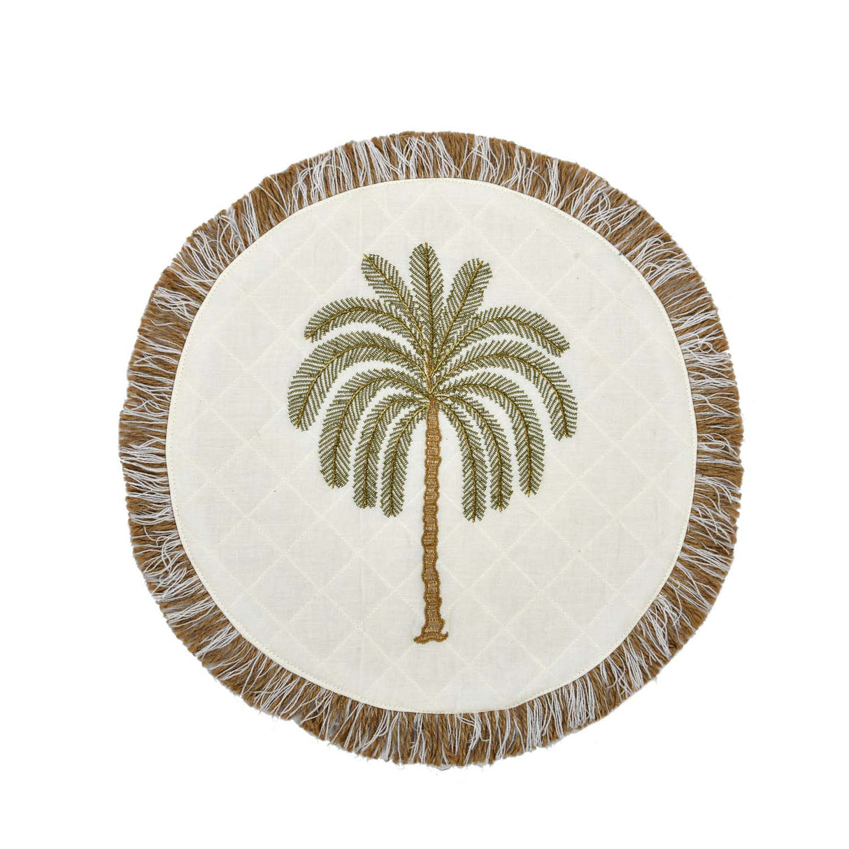 Palm Tree Embroidery Round Cotton Table Placemat- Beige and Brown
