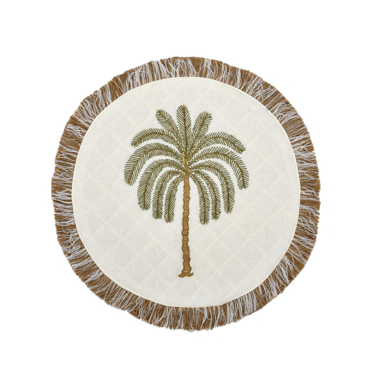 Palm Tree Embroidery Round Cotton Table Placemat- Beige and Brown