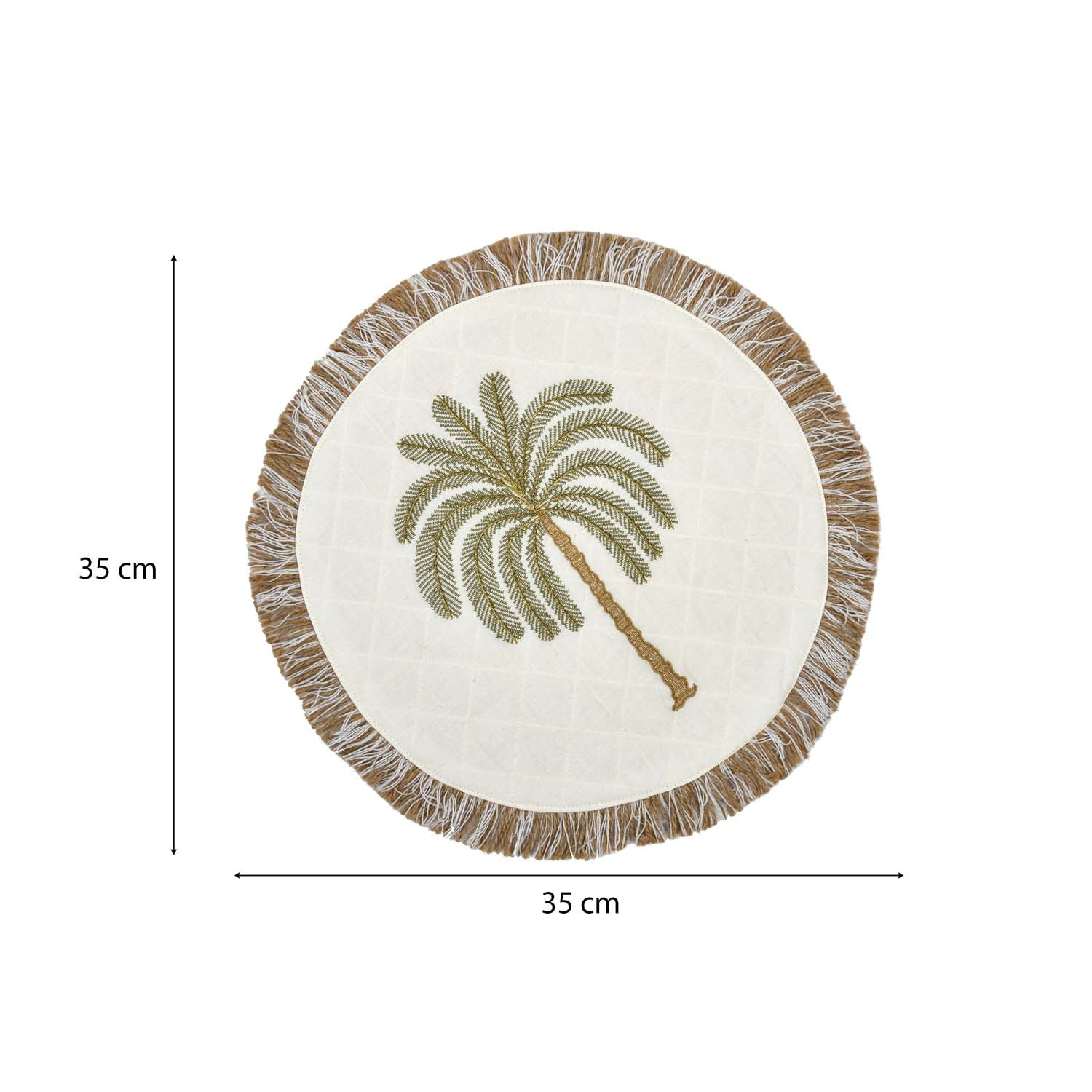 Palm Tree Embroidery Round Cotton Table Placemat- Beige and Brown