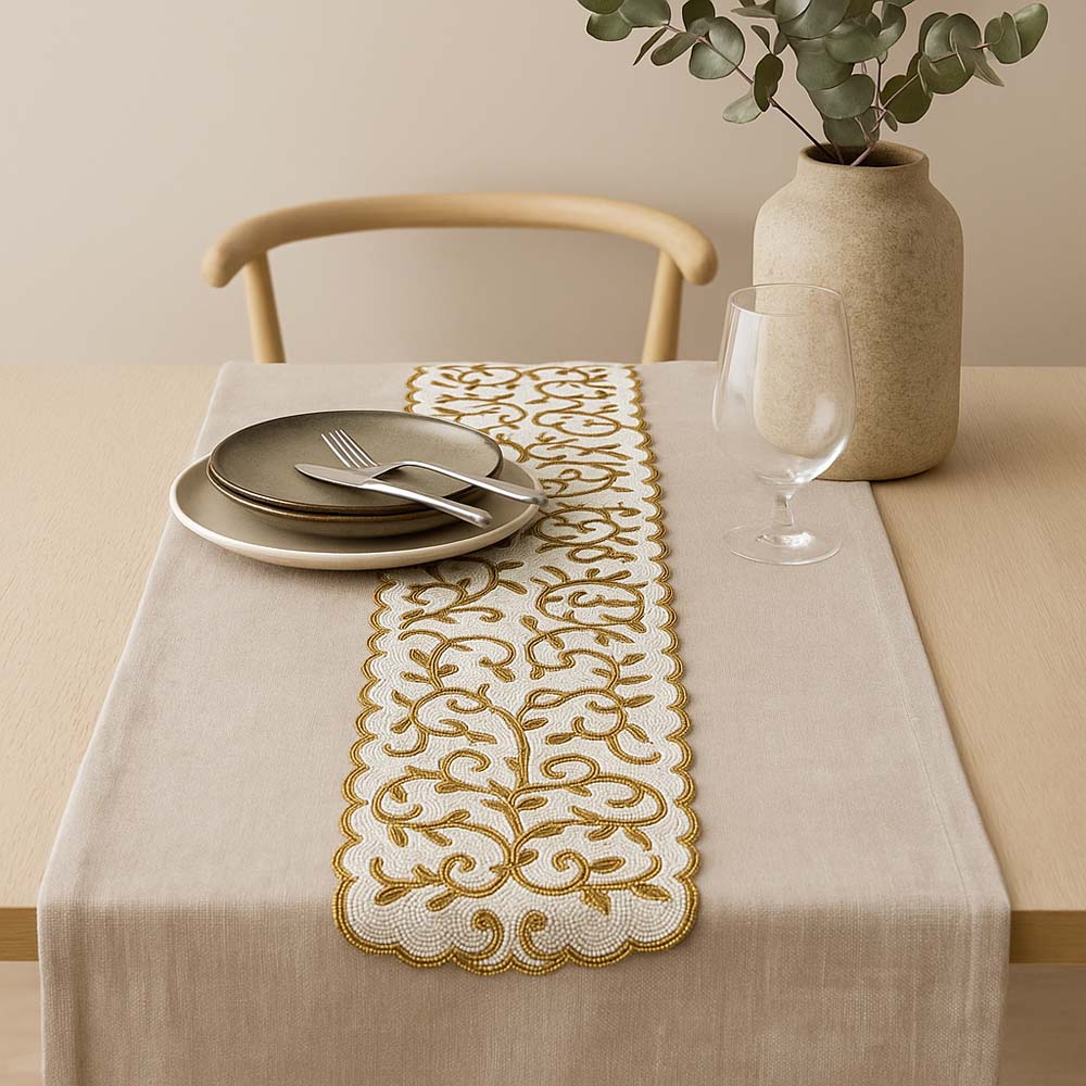 Leaf Beaded Polyester Table Runner Small- Gold and Off-white