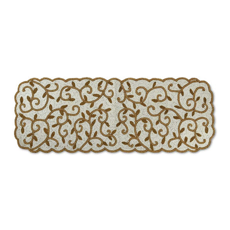 Leaf Beaded Polyester Table Runner Small- Gold and Off-white