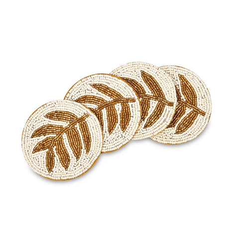 Leaf Beaded Round Polyester Coasters Set of 4- Gold