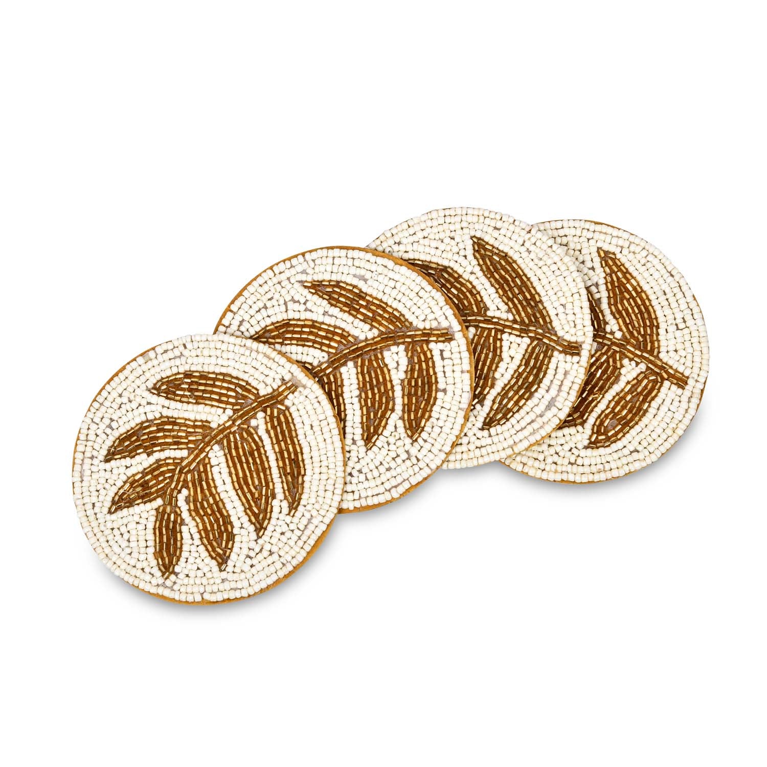 Leaf Beaded Round Polyester Coasters Set of 4- Gold