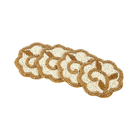 Leaf Beaded Polyester Coaster Set of 4- Gold and Off-white