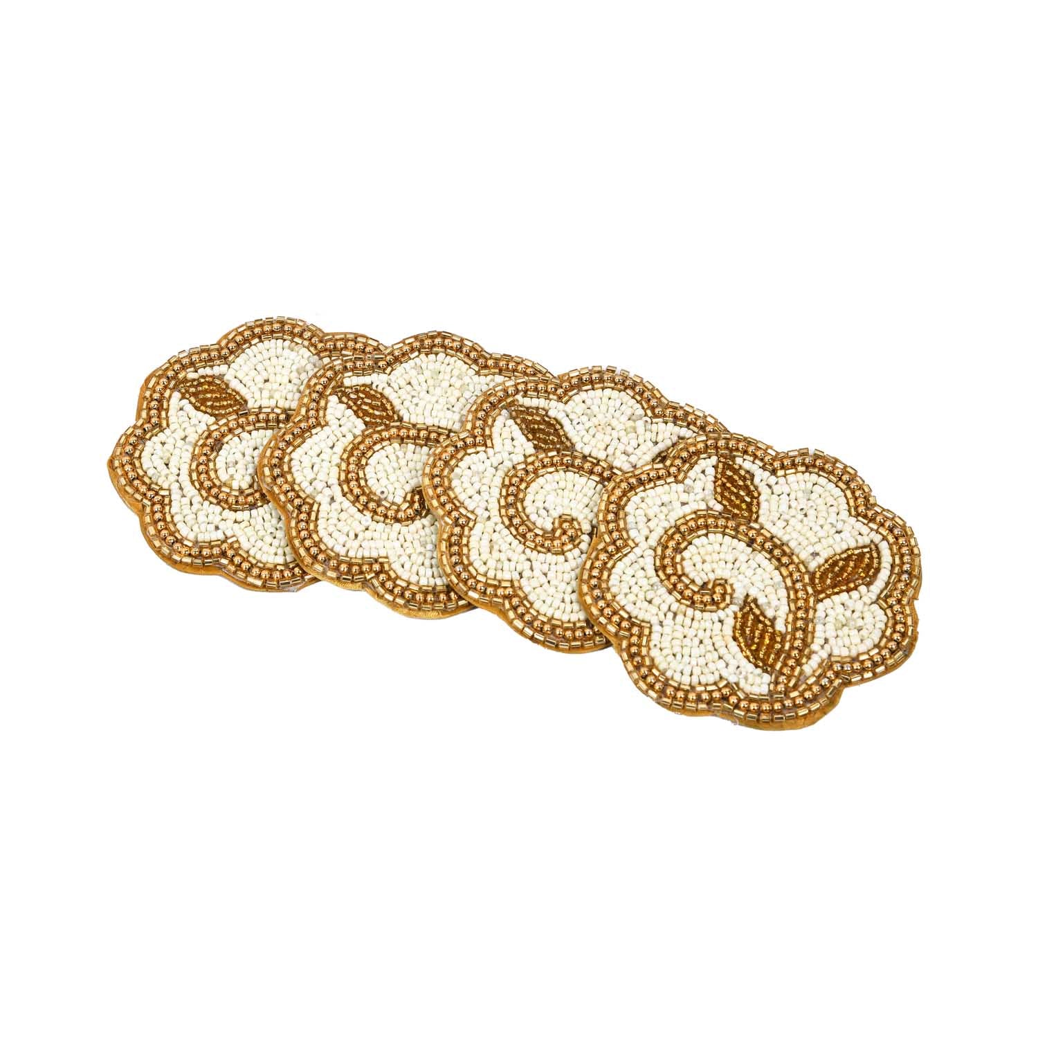 Leaf Beaded Polyester Coaster Set of 4- Gold and Off-white