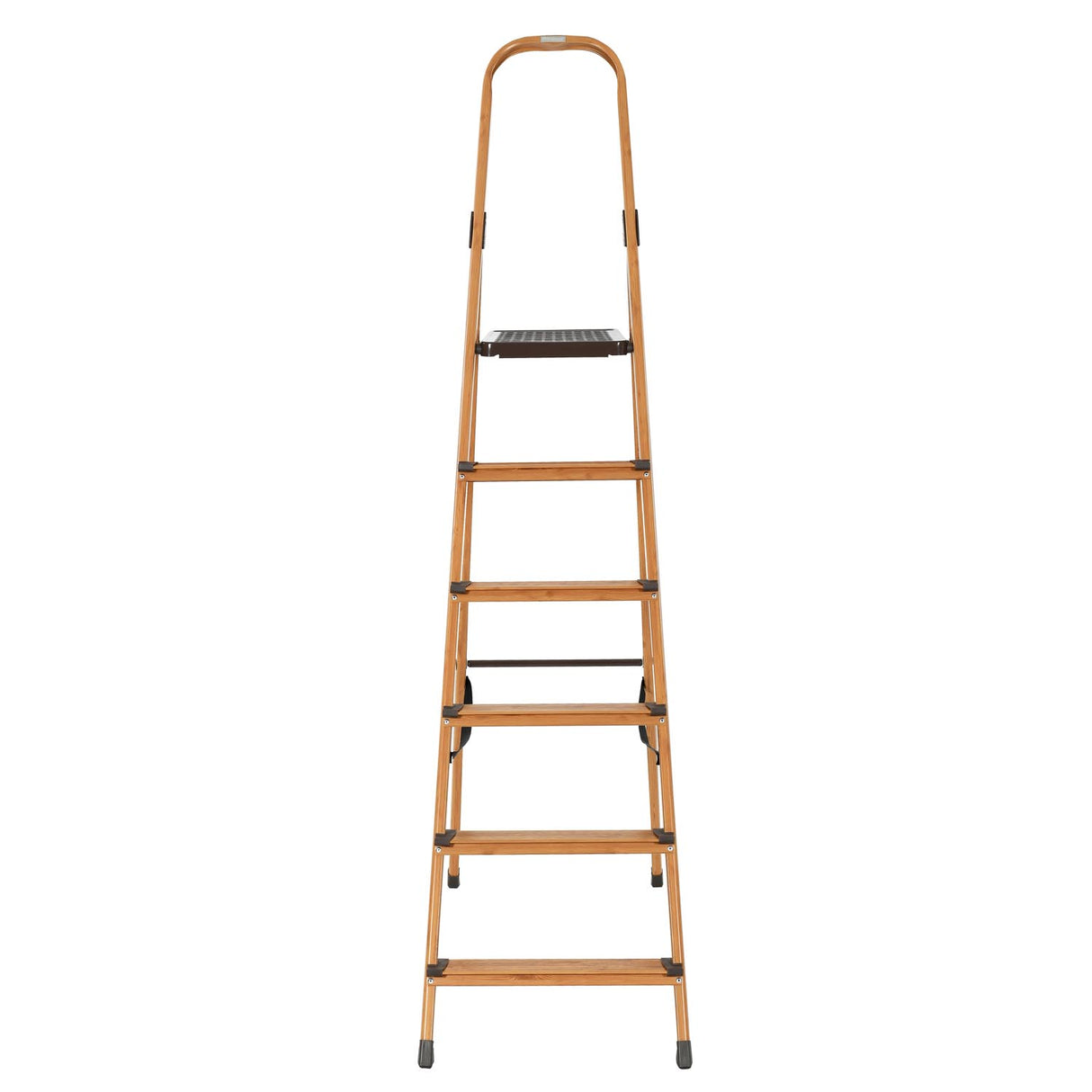 6 Steps Wooden Finished Foldable Aluminum Ladder- Brown
