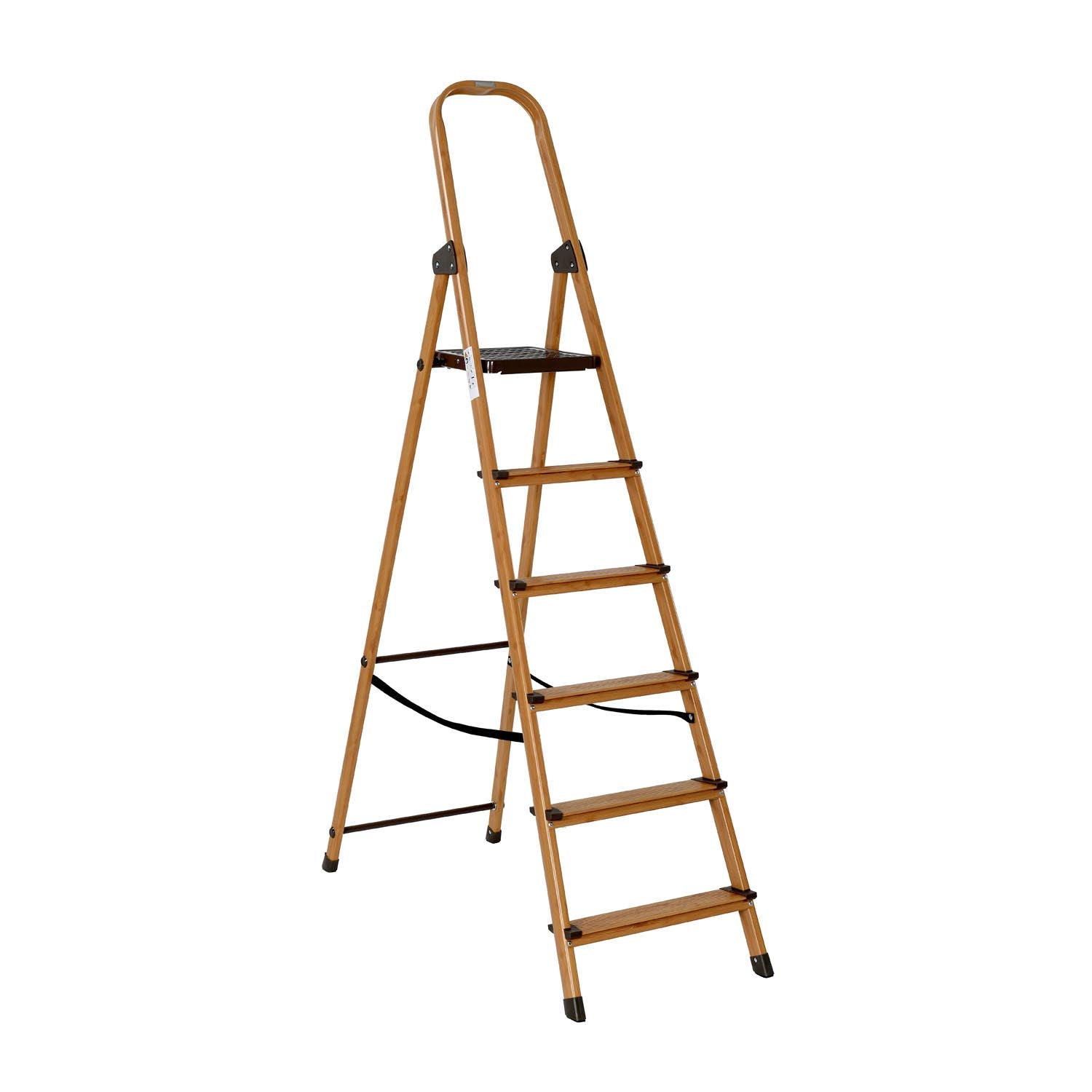 6 Steps Wooden Finished Foldable Aluminum Ladder- Brown