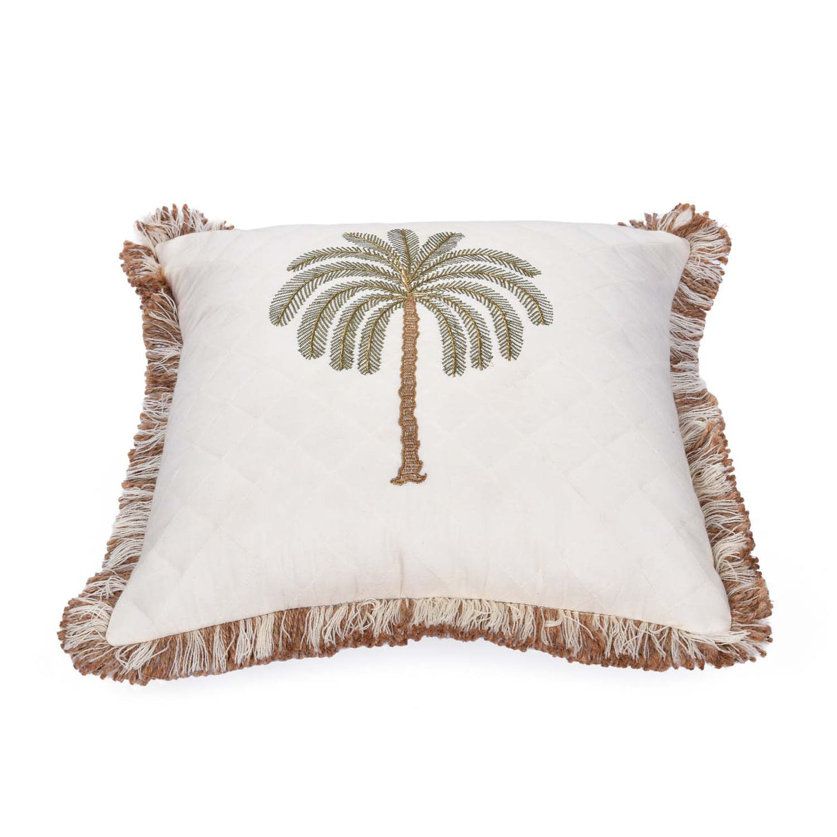 Palm Tree Embroidery Cotton Cushion Cover- Beige and Brown