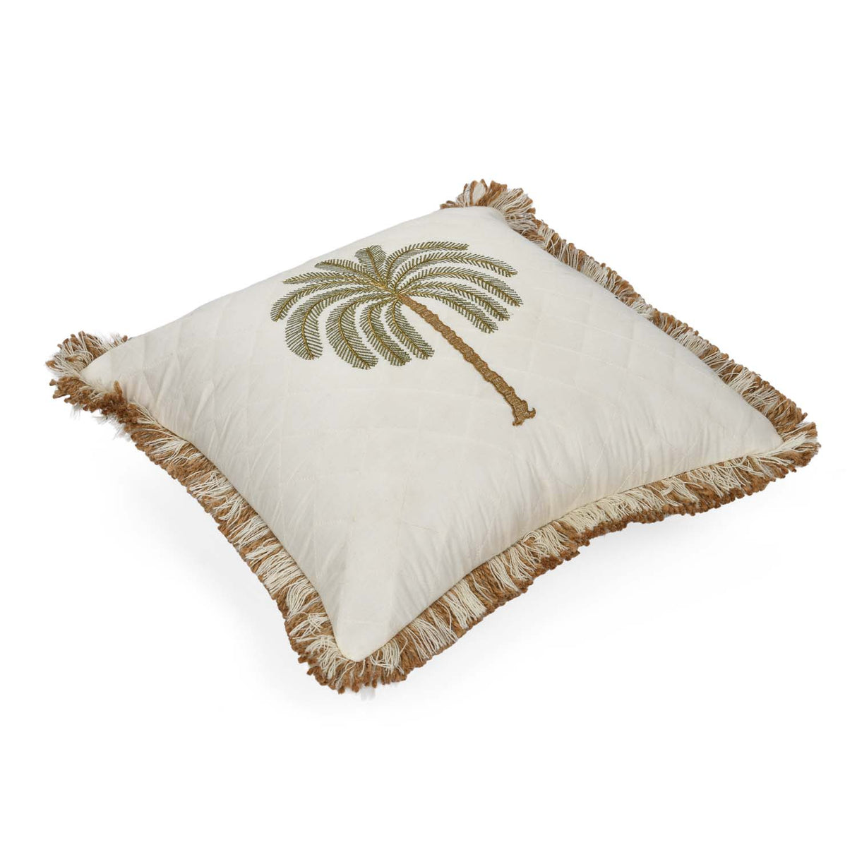 Palm Tree Embroidery Cotton Cushion Cover- Beige and Brown