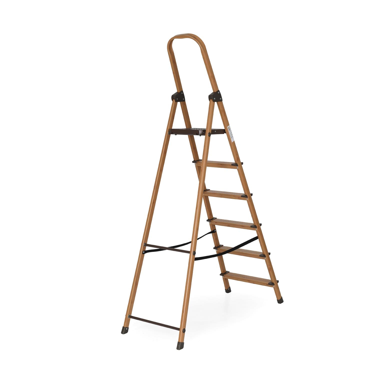6 Steps Wooden Finished Foldable Aluminum Ladder- Brown