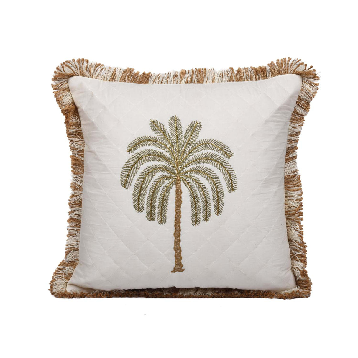 Palm Tree Embroidery Cotton Cushion Cover- Beige and Brown