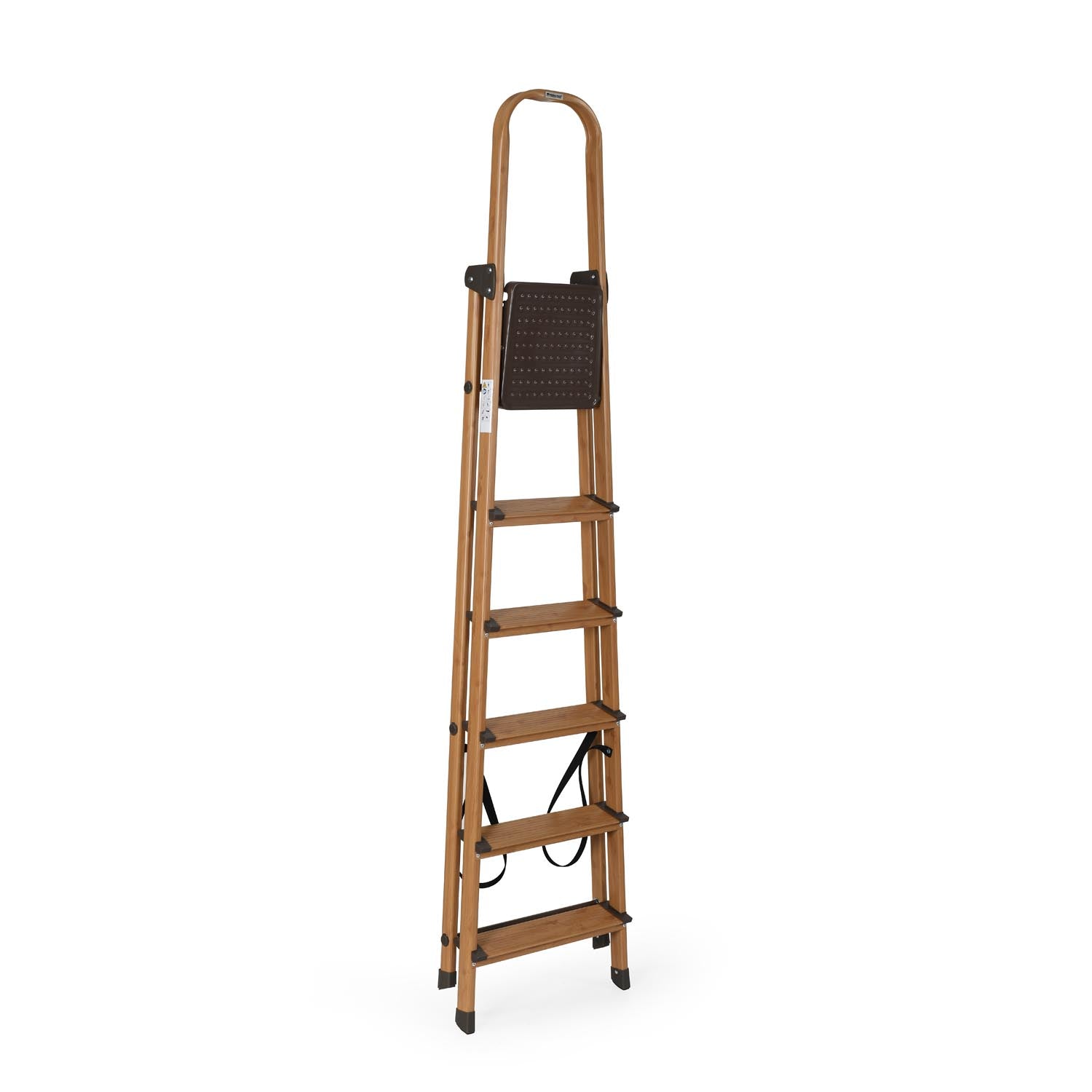 6 Steps Wooden Finished Foldable Aluminum Ladder- Brown