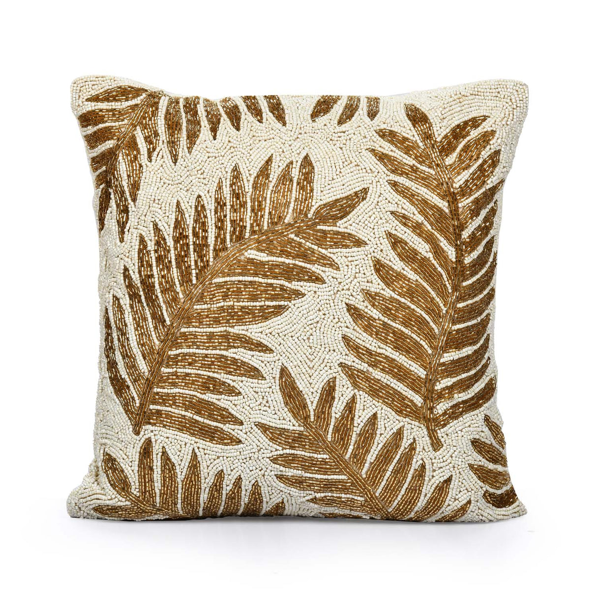 Leaf Beaded Polyester Cushion Cover- Gold
