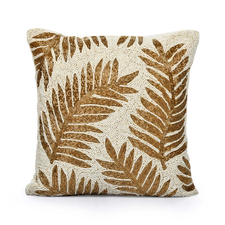Leaf Beaded Polyester Cushion Cover- Gold