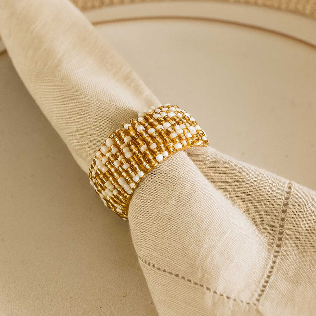 Beaded Napkin Rings Set of 4- Off-white and Gold