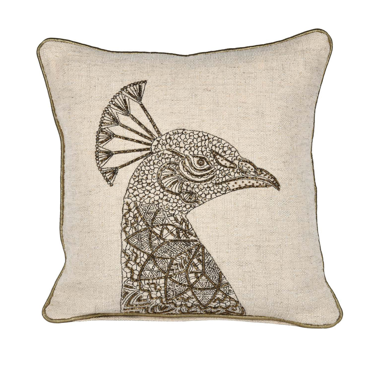 Peacock Head Pattern Fabric Cushion Cover- Beige and Gold