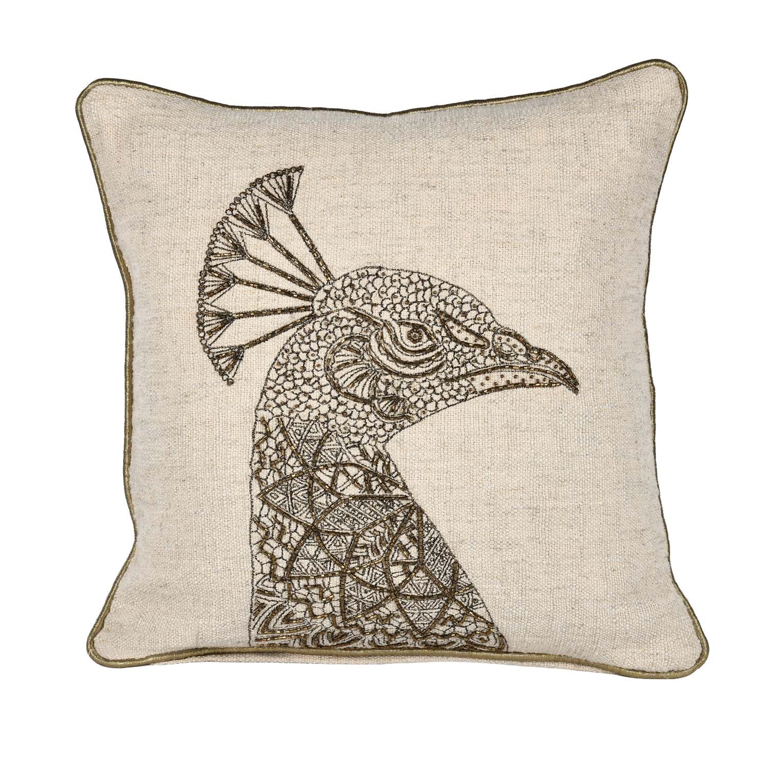 Peacock Head Pattern Fabric Cushion Cover- Beige and Gold