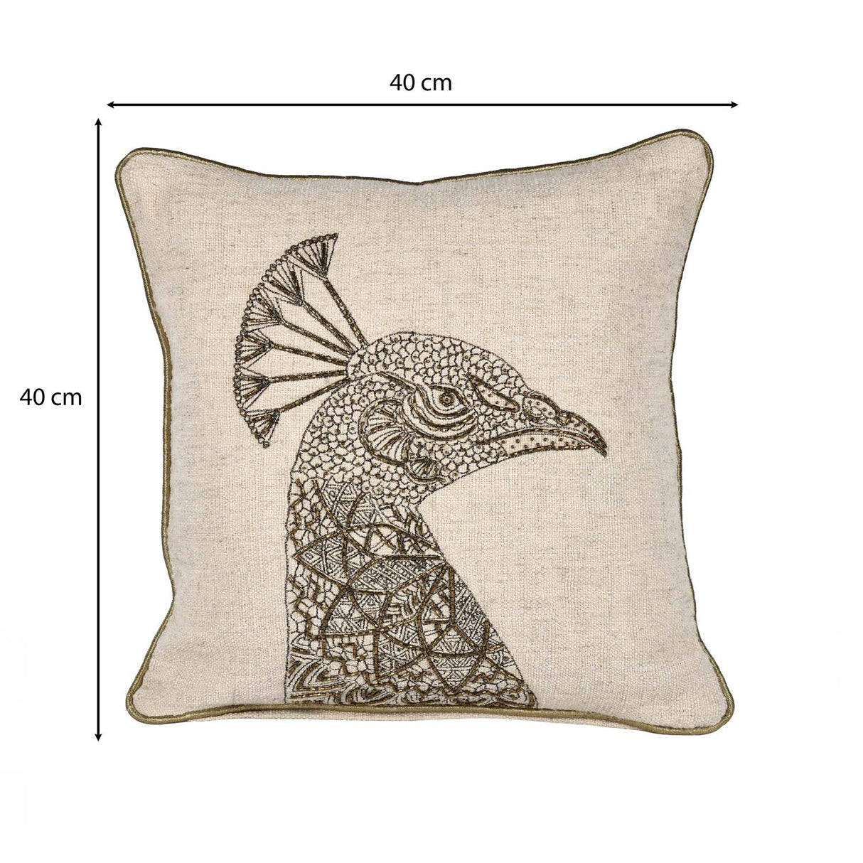 Peacock Head Pattern Fabric Cushion Cover- Beige and Gold