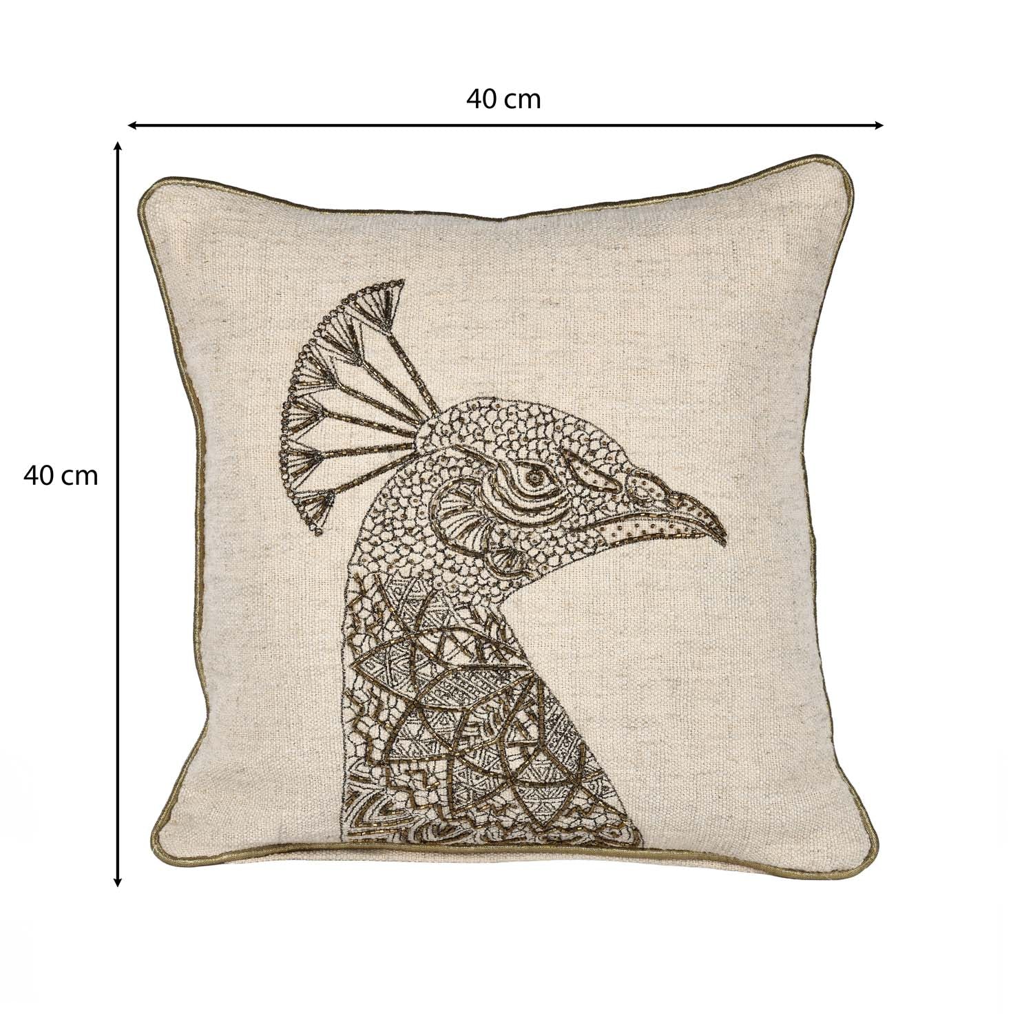 Peacock Head Pattern Fabric Cushion Cover- Beige and Gold