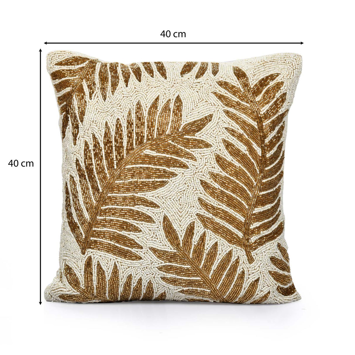 Leaf Beaded Polyester Cushion Cover- Gold