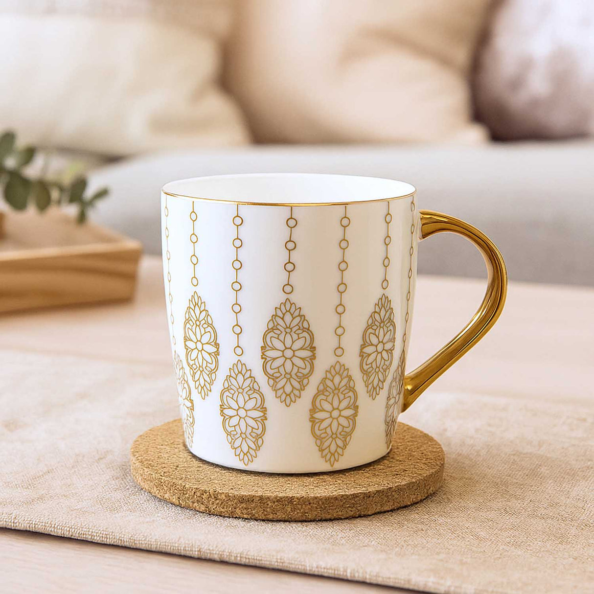 Printed Design Porcelain Coffee Mug- White and Gold