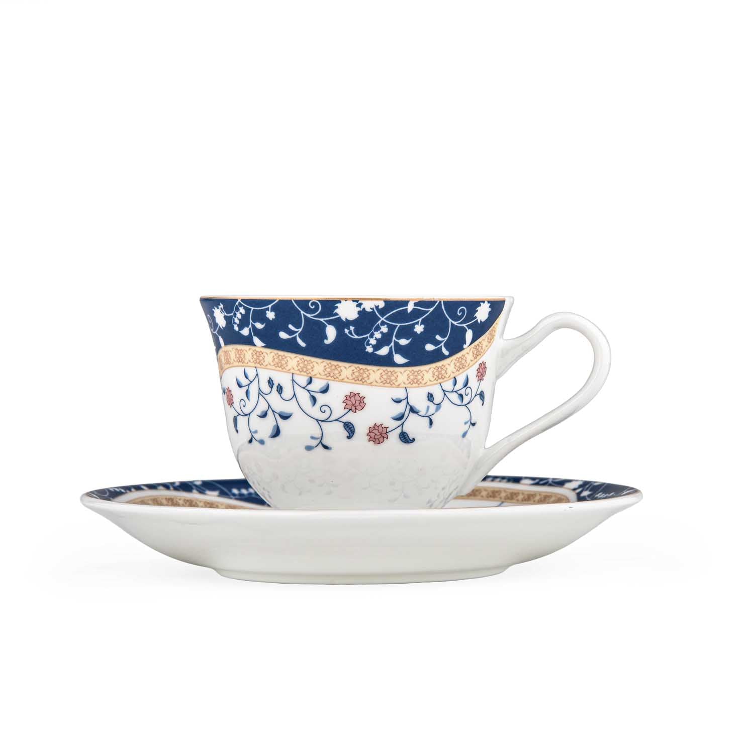 Porcelain Cup and Saucer Set of 6- White and Blue
