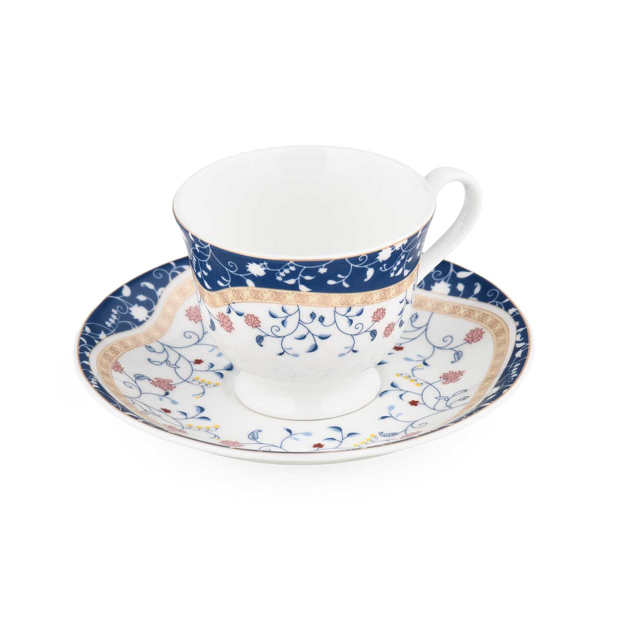 Porcelain Cup and Saucer Set of 6- White and Blue