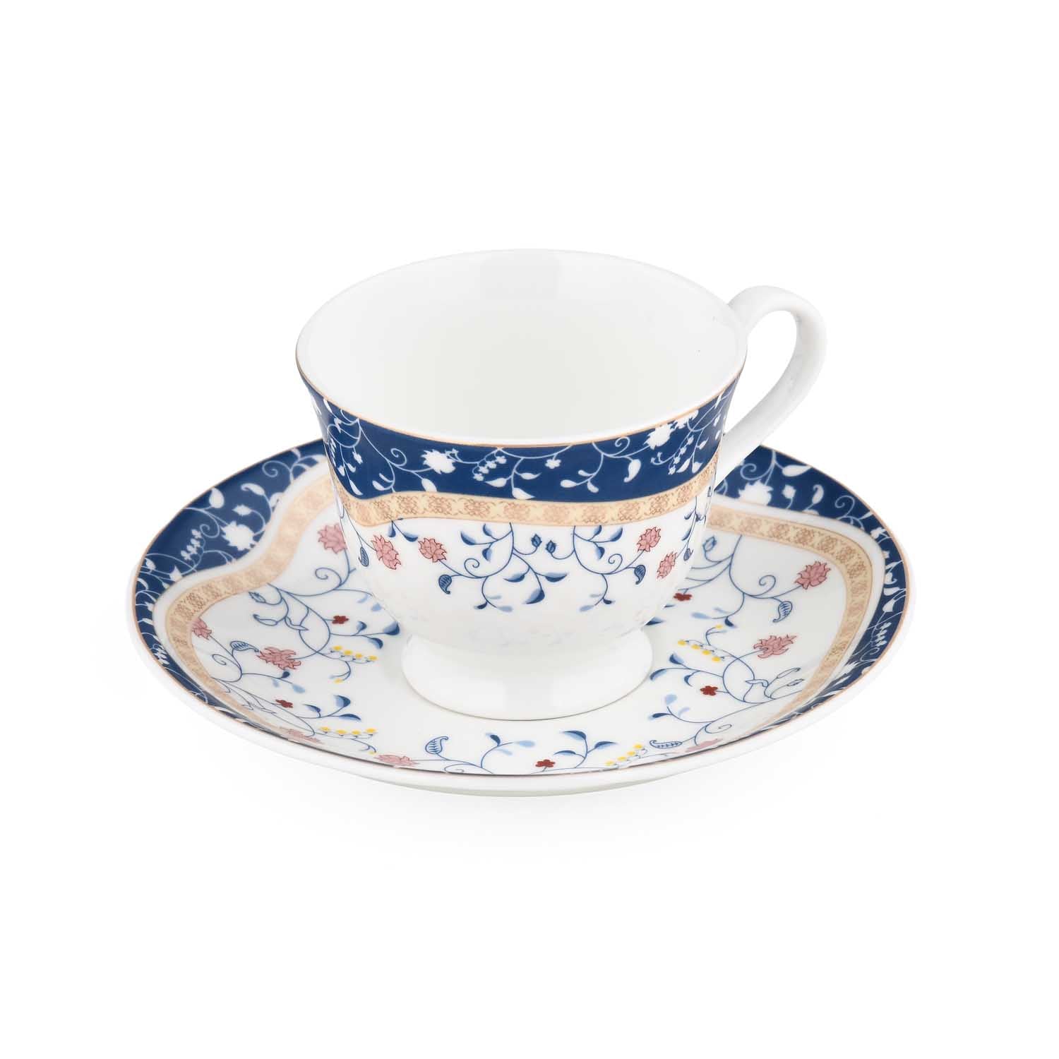 Porcelain Cup and Saucer Set of 6- White and Blue