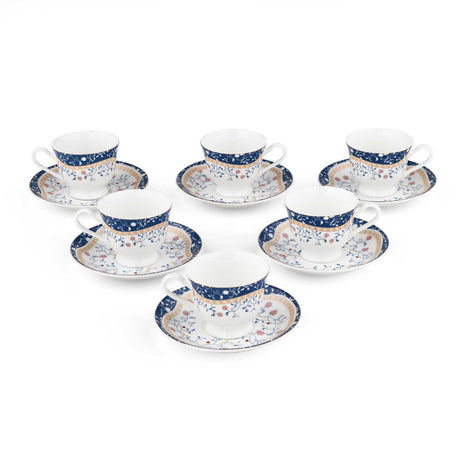 Porcelain Cup and Saucer Set of 6- White and Blue
