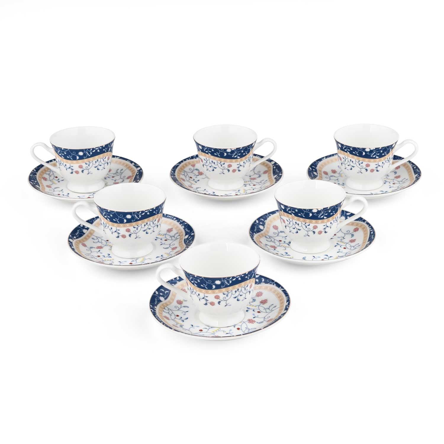 Porcelain Cup and Saucer Set of 6- White and Blue