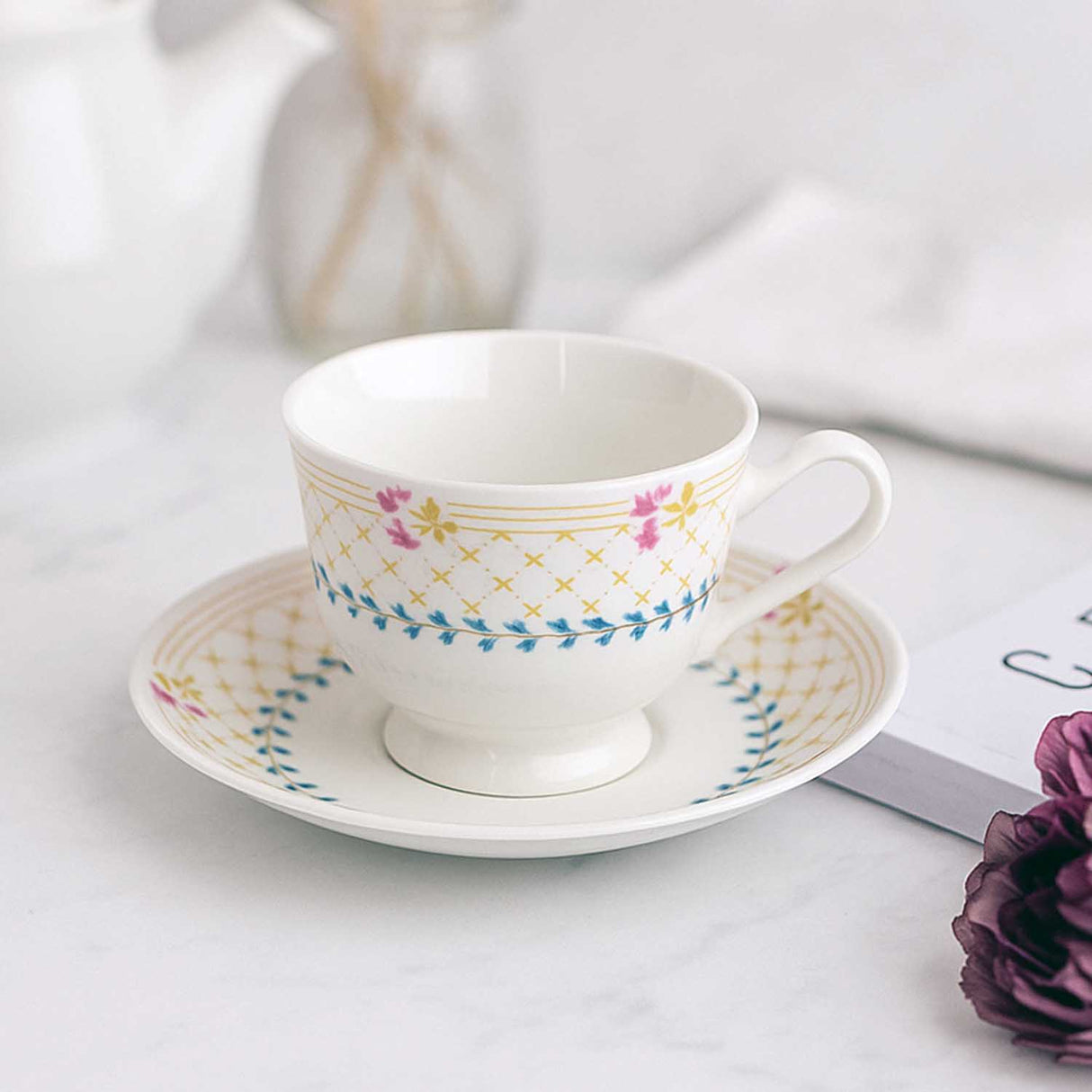 Porcelain Cup and Saucer Set of 6- Multicolor