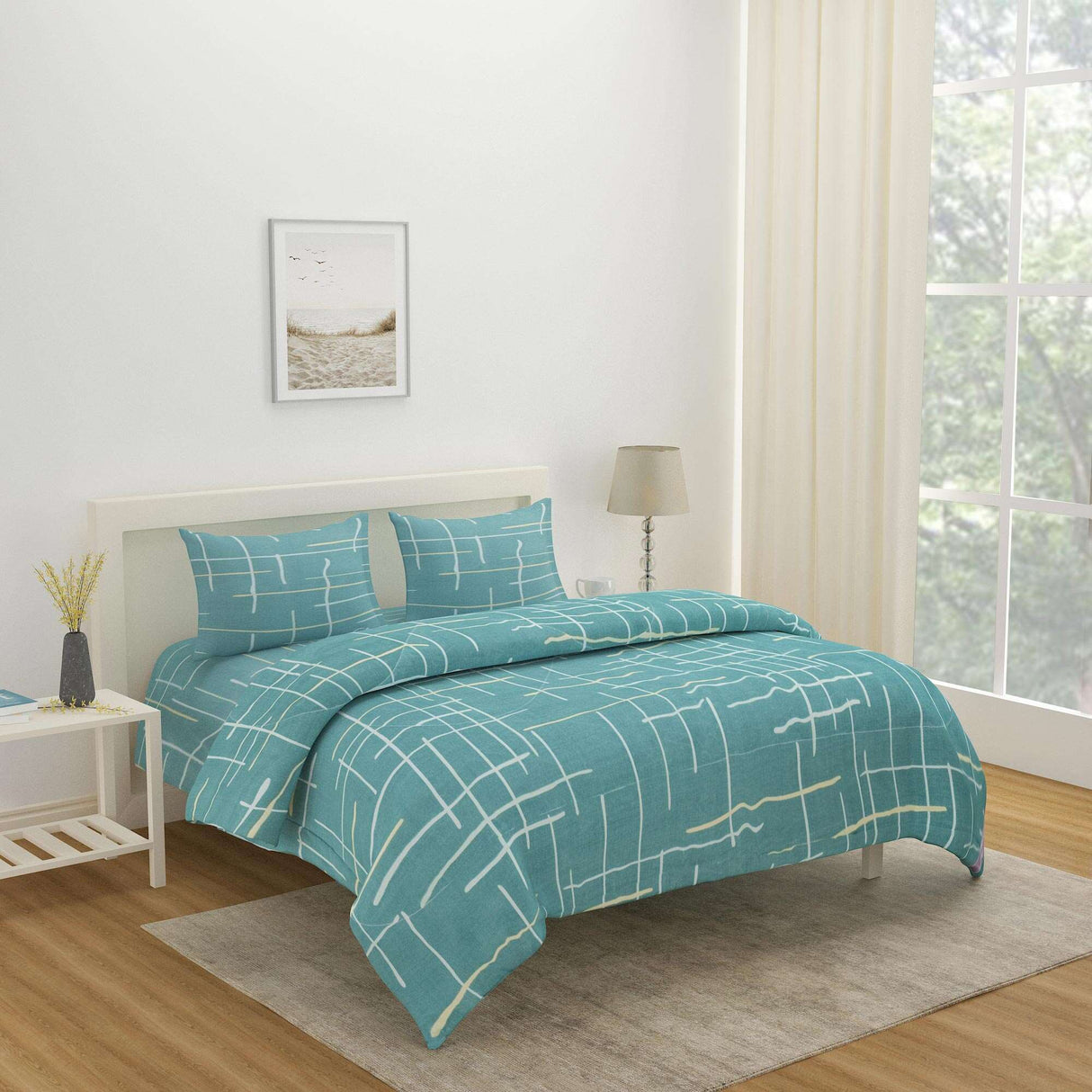 Geometric Polyester 4 Pieces Double Bedding Set (Blue)