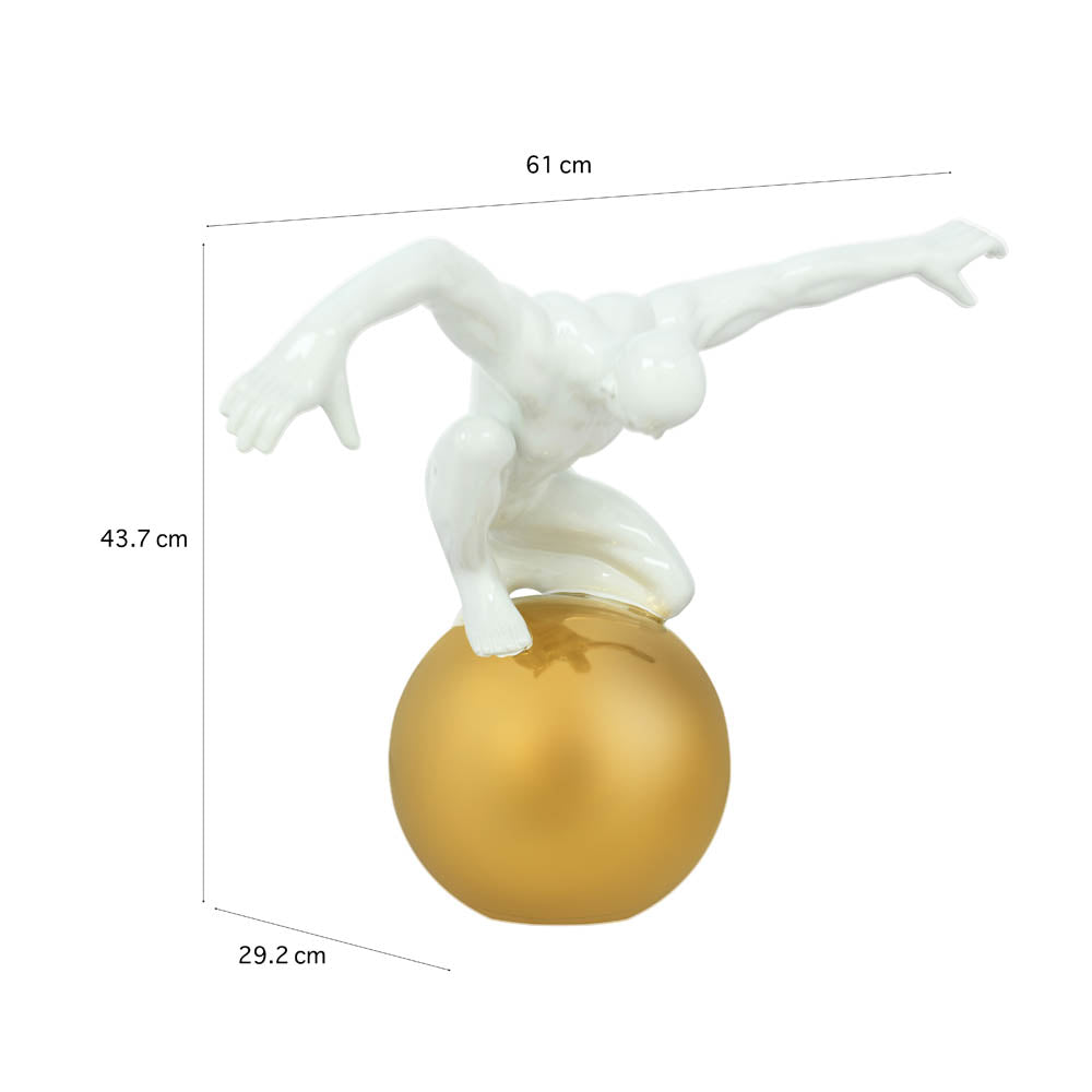 Human on Golden Sphere Decorative Showpiece- White and Gold