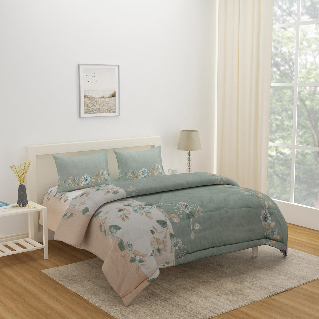 Floral Polyester 4 Pieces Double Bedding Set (Mint & Peach)
