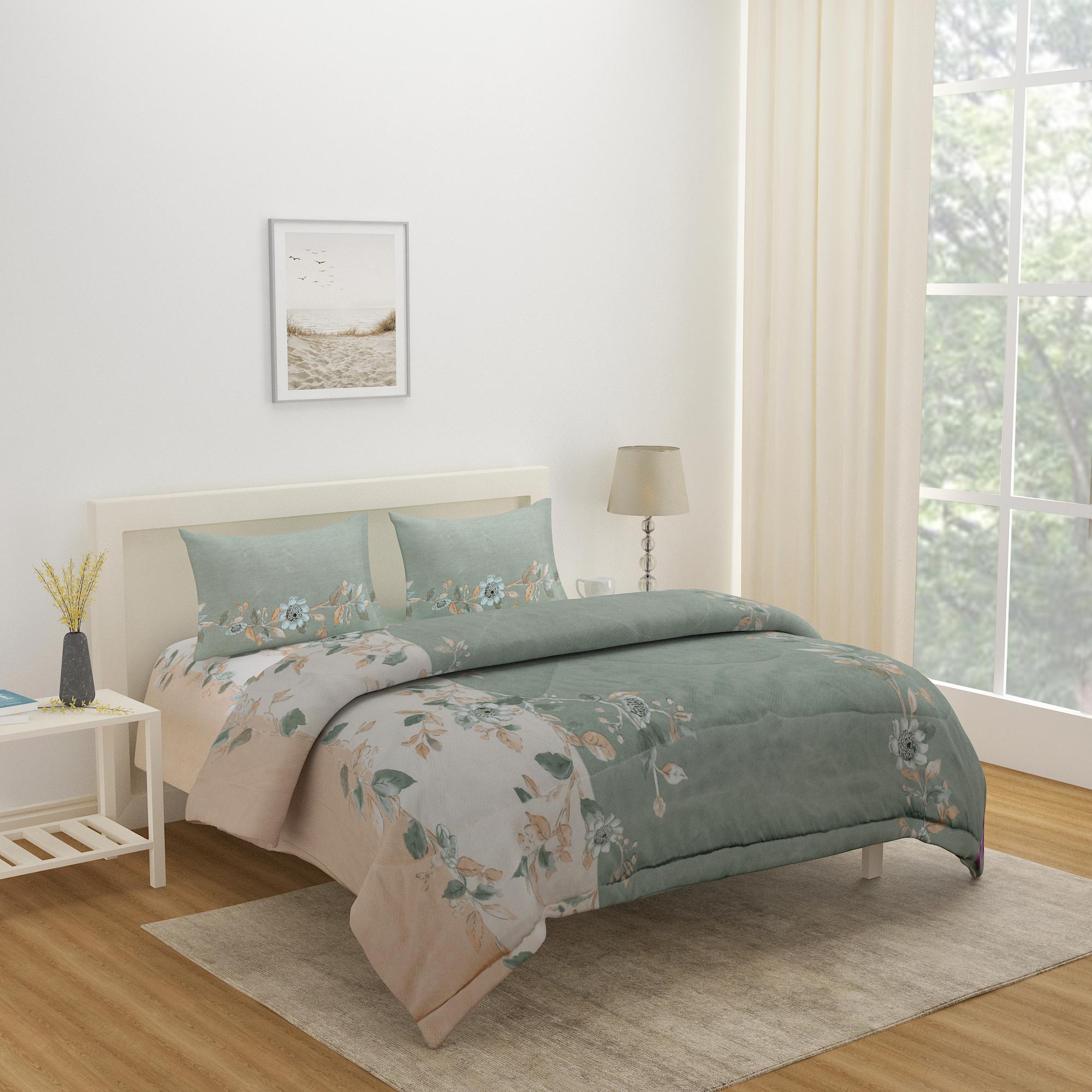 Floral Polyester 4 Pieces Double Bedding Set (Mint & Peach)