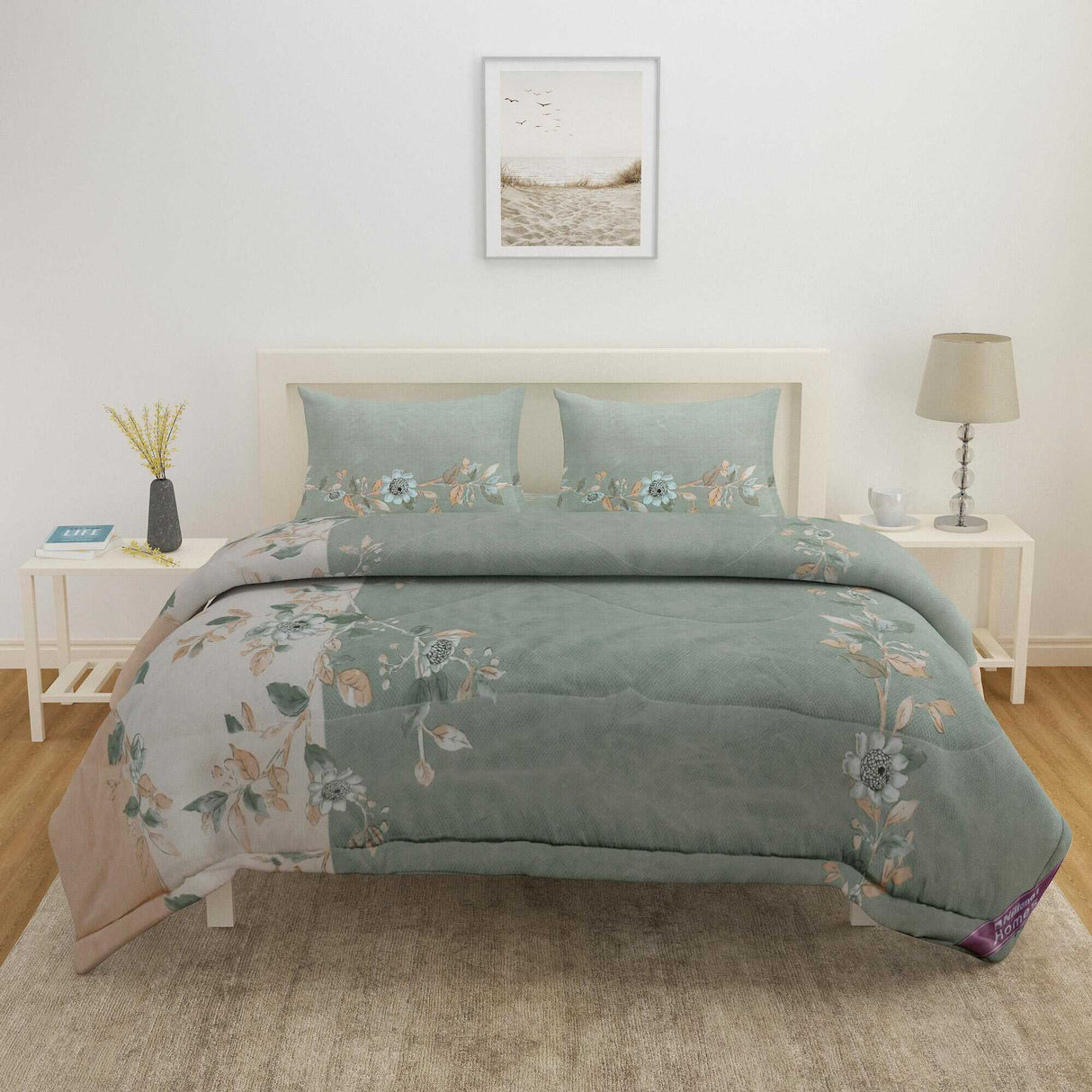 Floral Polyester 4 Pieces Double Bedding Set (Mint & Peach)