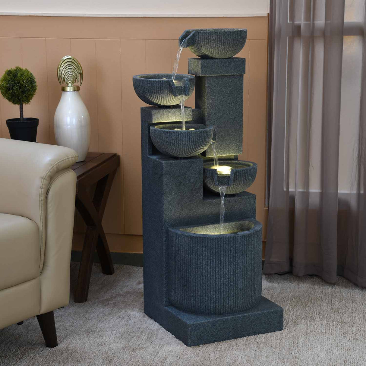Decorative Pots on 4 Steps Water Fountain (Grey)