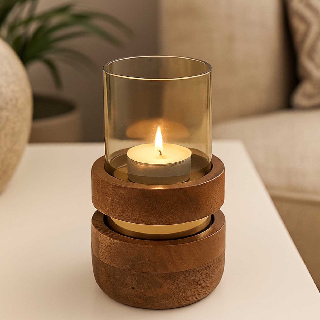 Decorative Soft Edges Round Candle Holder Large- Brown and Gold