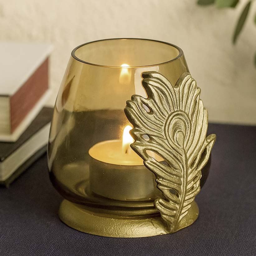 Decorative Peacock Feather Votive Candle Holder- Gold