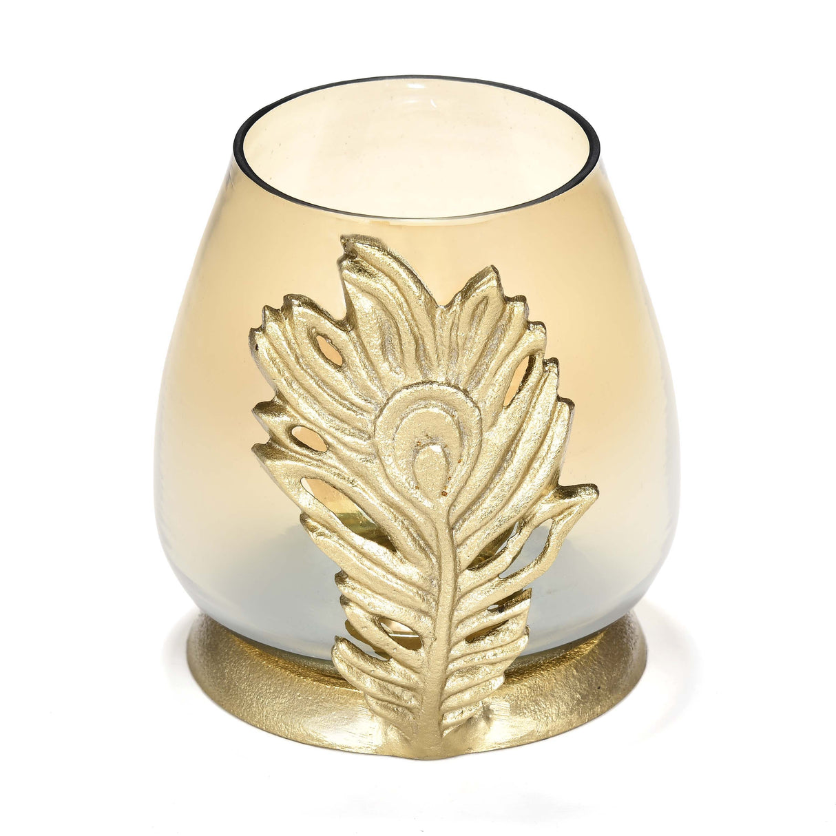 Decorative Peacock Feather Votive Candle Holder- Gold