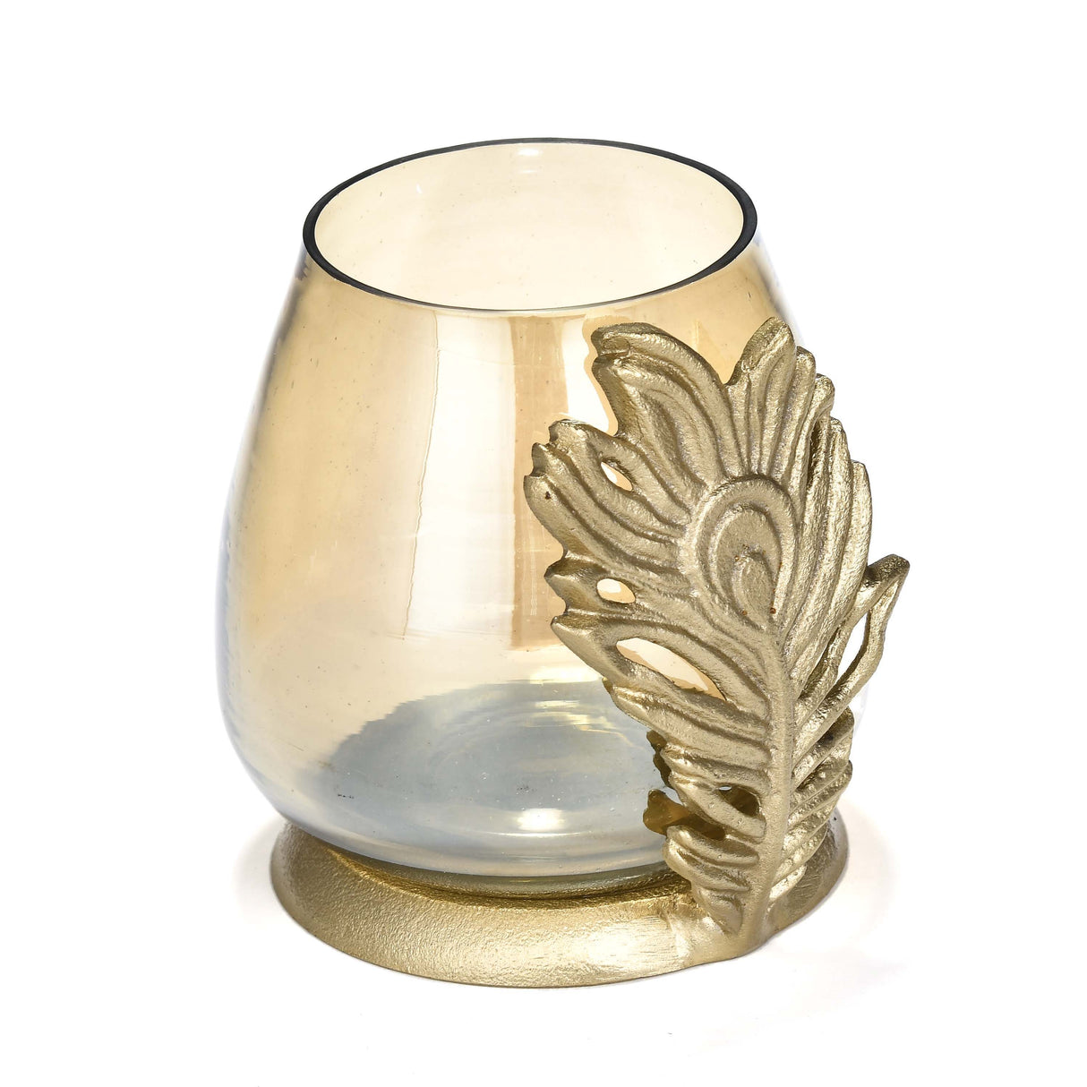 Decorative Peacock Feather Votive Candle Holder- Gold