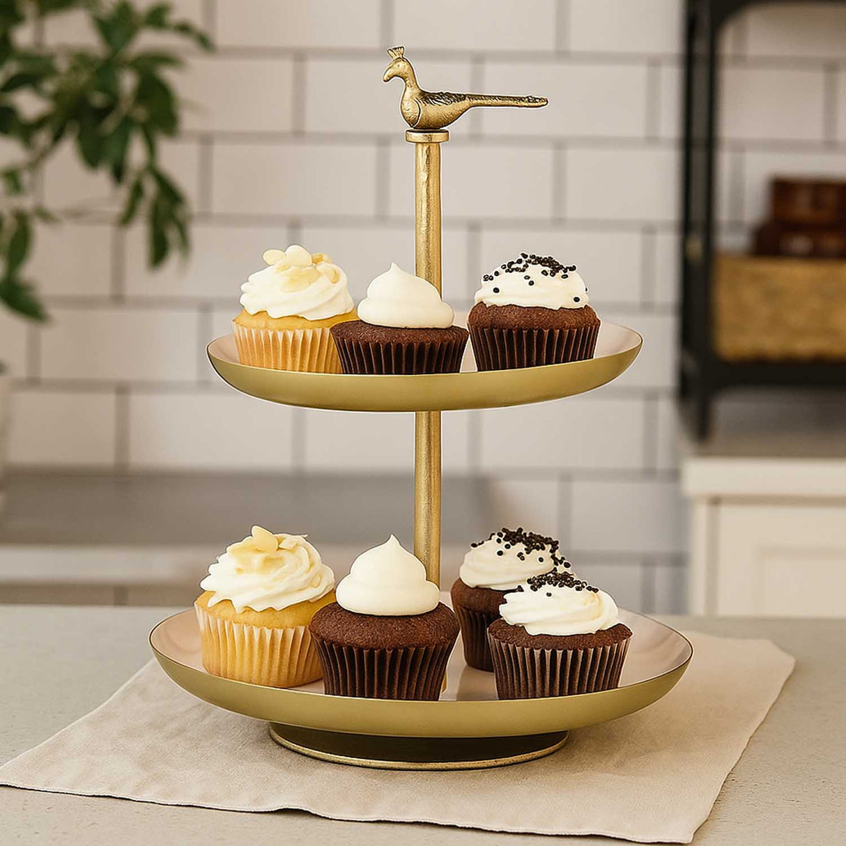 Peacock 2 Tier Pastry Stand- Off-white and Gold