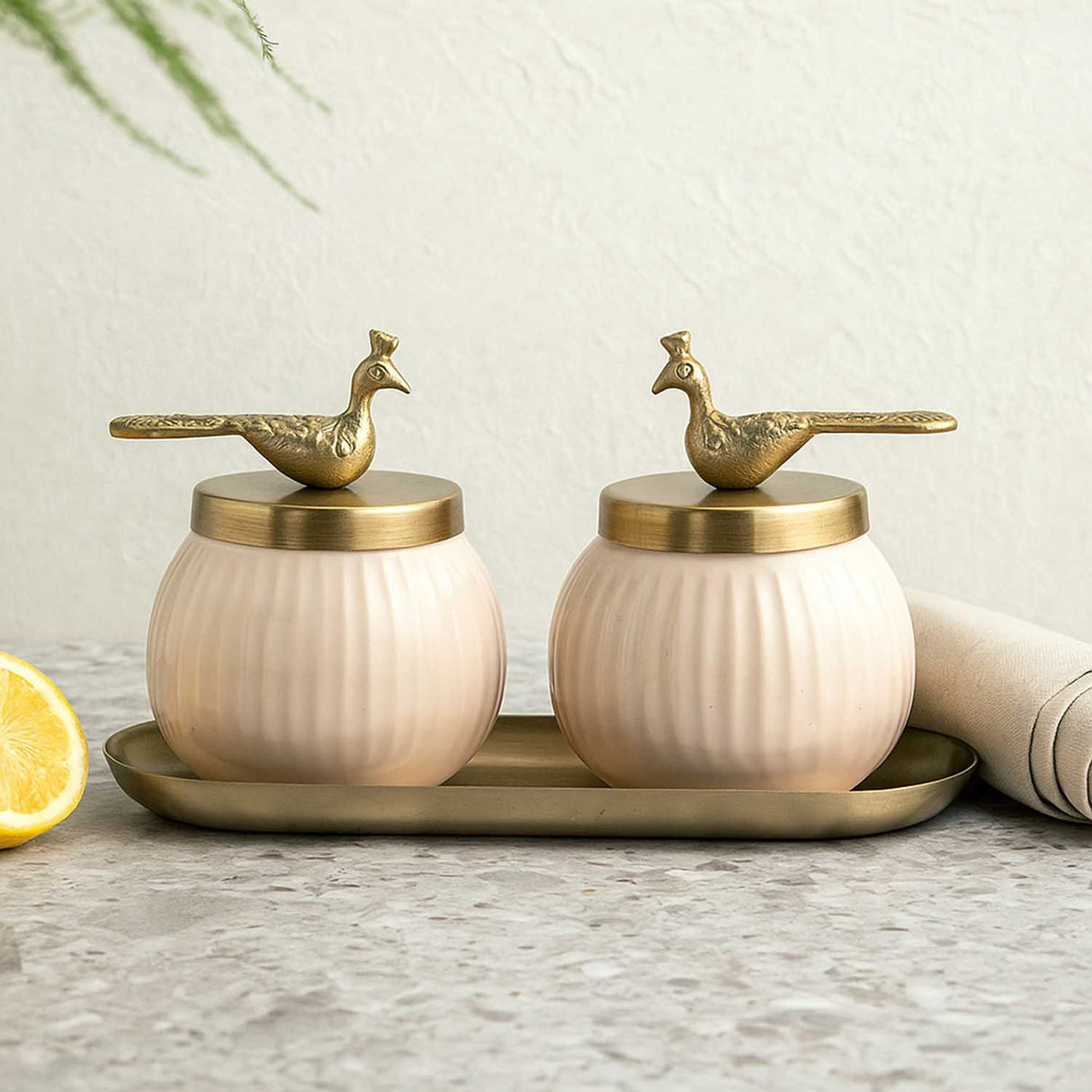 Tray with Set of 2 Peacock Cannisters- Off-white and Gold